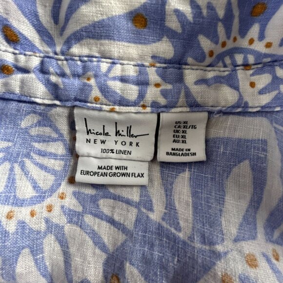 Nicole Miller Womens Linen Button Down Shirt XL Roll-Tab Sleeve Blue Leaf Print - Picture 3 of 7